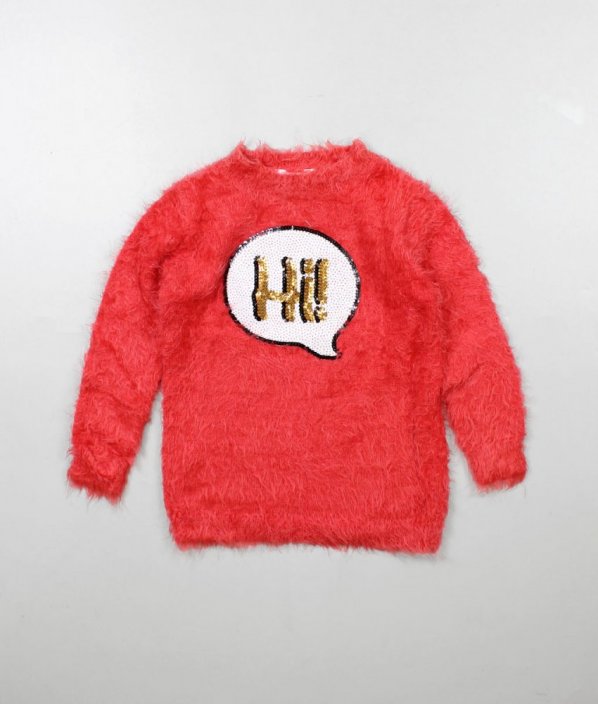 Červený chlupatý svetr s flitrovým obrázkem M&CO