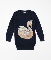 Tmavomodrý delší svetr s flitrovou labutí BLUEZOO