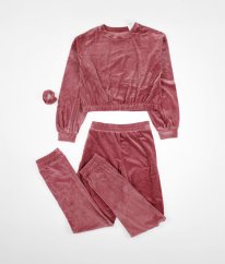 Růžové semišové tepláky, mikina a gumička do vlasů NUTMEG