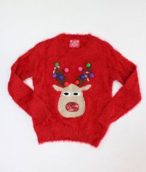 Červený chlupatý vánoční svetr se třpytem F&F