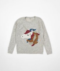 Šedý svetr s flitrovým jednorožcem TU