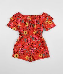 Červený kraťasový overal s kvetmi BY VERY