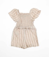 Hnědobílý pruhovaný kraťasový overal se lnem PRIMARK