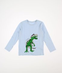 Světle modré triko s flitrovým dinosaurem