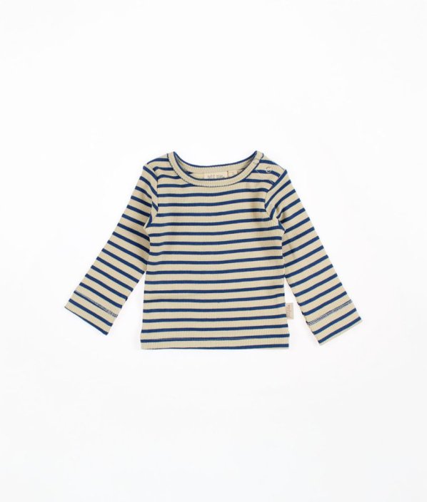 Béžovomodré proužkované žebrované triko z biobavlny PETIT PIAO