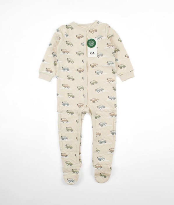 Béžový prešívaný teplý overal/pyžamo z biobavlny s autíčkami C&A