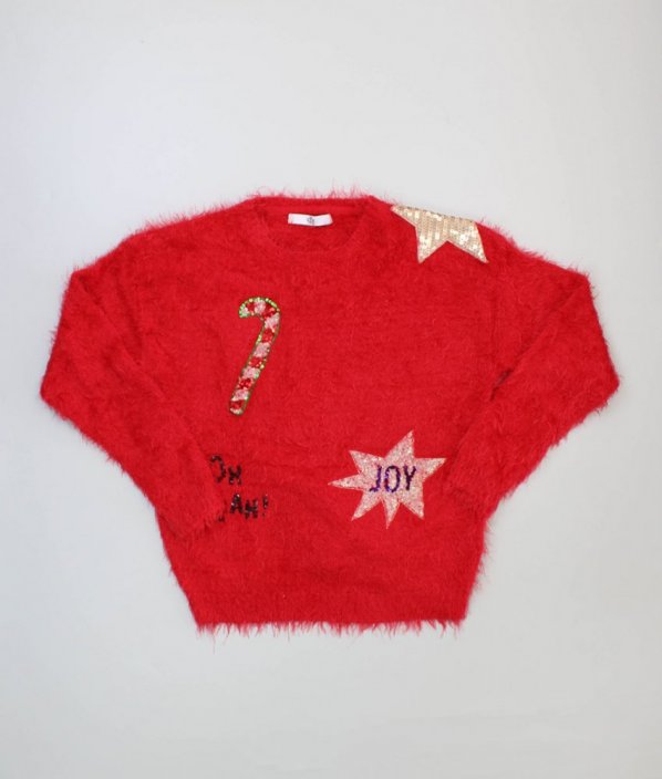 Červený vánoční chlupatý svetr s flitry MARKS & SPENCER