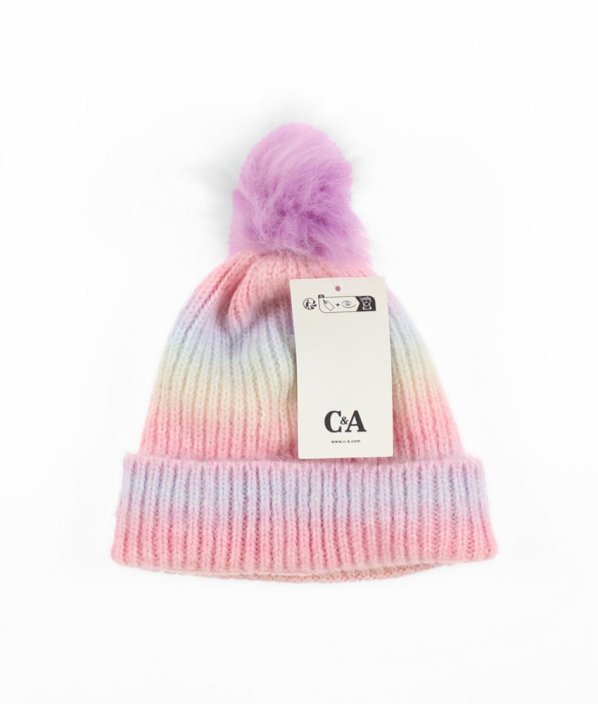 Barevná zateplená čepice s fialovou bambulí C&A