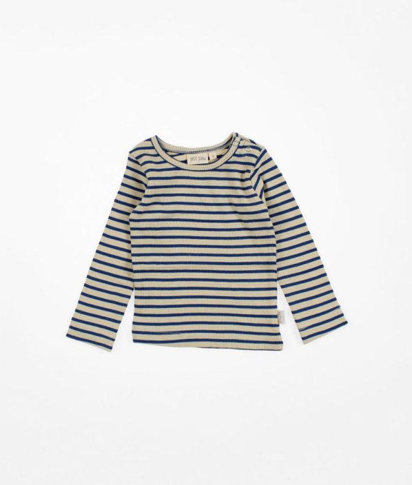 Béžovomodré žebrované proužkované triko z biobavlny PETIT PIAO