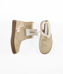 Béžové zimní koženkové kozačky s kožíškem a zlatým třpytem (EU 28, stélka 17,8 cm) GEORGE