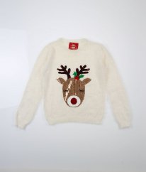 Krémový chlupatý vánoční svetr s flitrovým sobem PRRIMARK