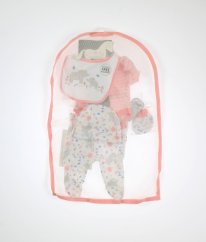 Bílorůžové proužkované body, bílé tepláčky se slůňátky, čepička, bryndáček, rukavičky a knížečka