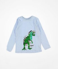 Světle modré triko s flitrovým dinosaurem