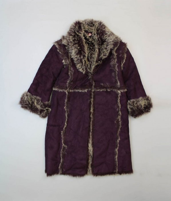 Vínový velurový kabát s kožíškem MONSOON