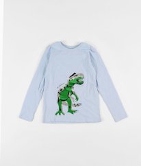 Modré triko s flitrovým dinosaurem